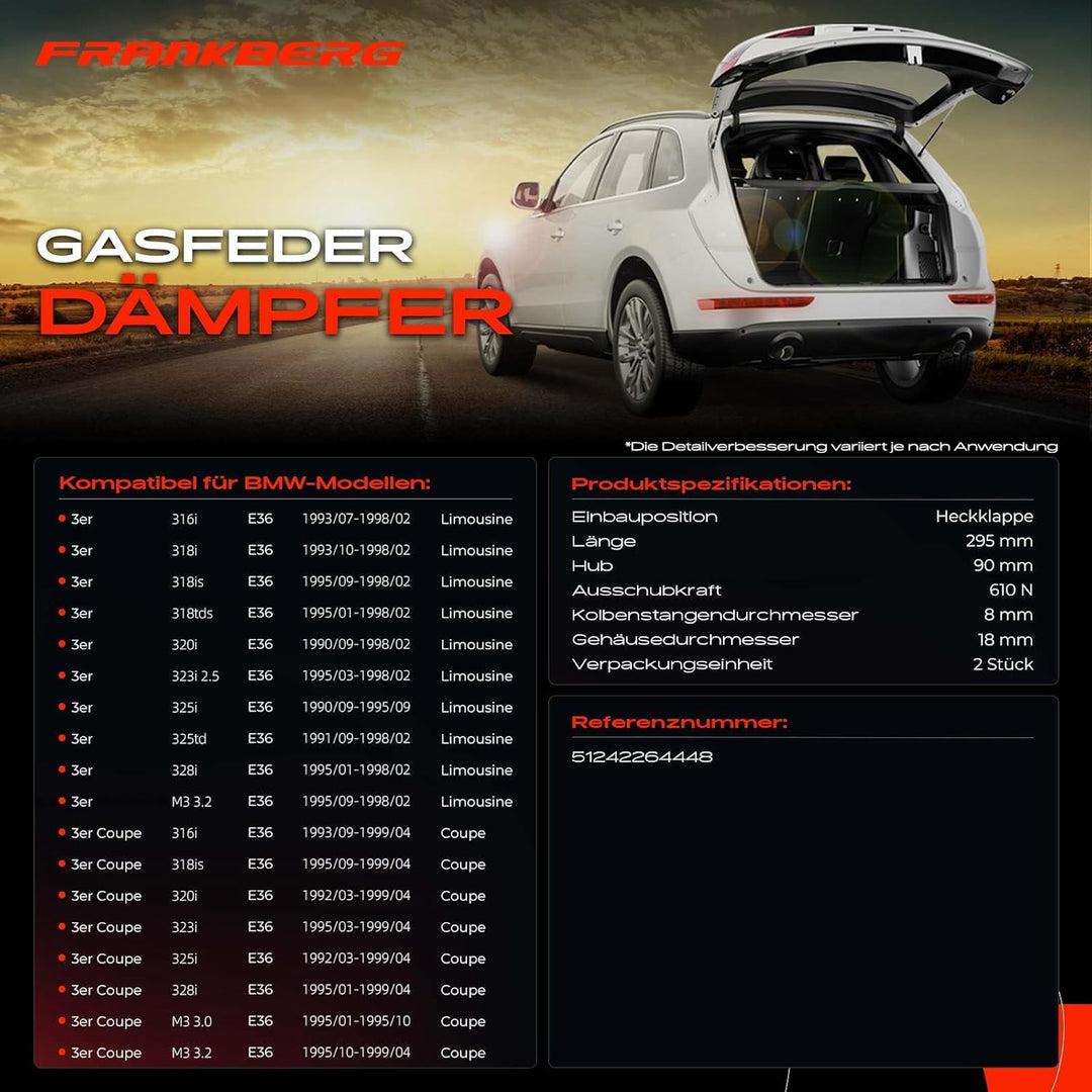 2x Universal Gasfeder Gasdruckdämpfer Gasdruckfeder Dämpfer 610N 295MM 90MM
