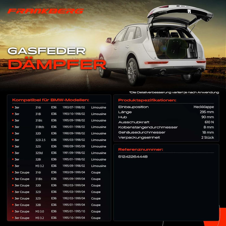 2x Universal Gasfeder Gasdruckdämpfer Gasdruckfeder Dämpfer 610N 295MM 90MM