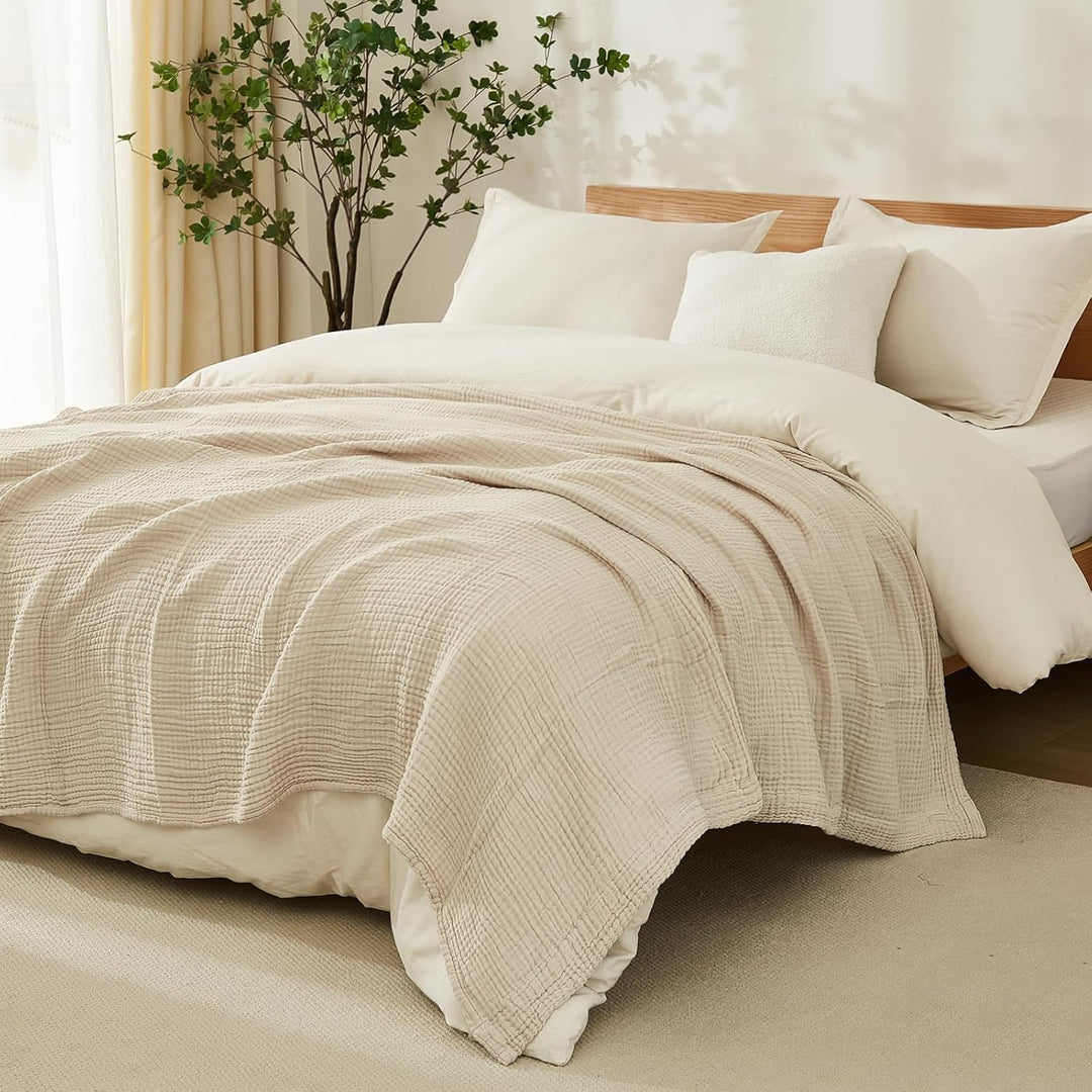 EMME Musselin-Decke Erwachsene, 100% Baumwolle, 230 x 230 cm Beige Sommer-Überwurf Decken für Couch,