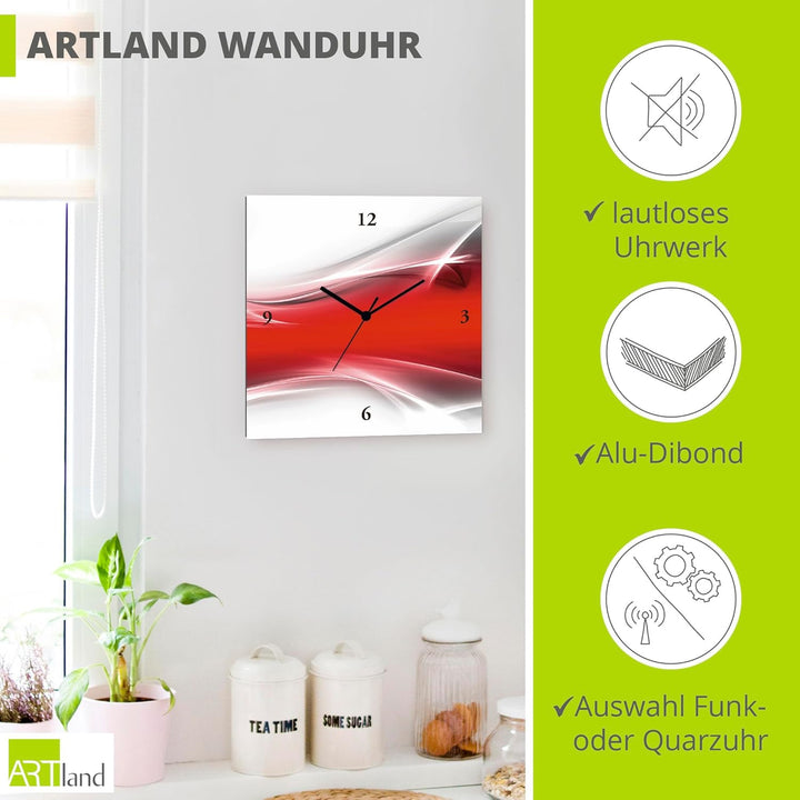 ARTLAND Wanduhr ohne Tickgeräusche Alu Quarzuhr 30x30 cm Quadratisch Lautlos Design Abstrakt Kunst M