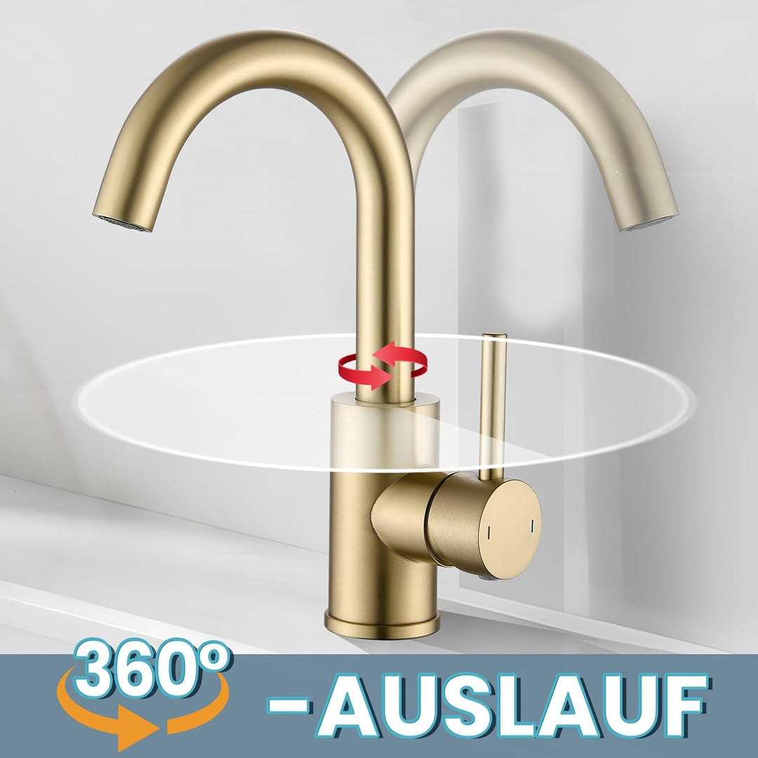 Wasserhahn Bad,Badarmatur/Küche Klein,360°drehbar,Einhebelmischer,Edelstahl Waschbeckenarmatur Gold