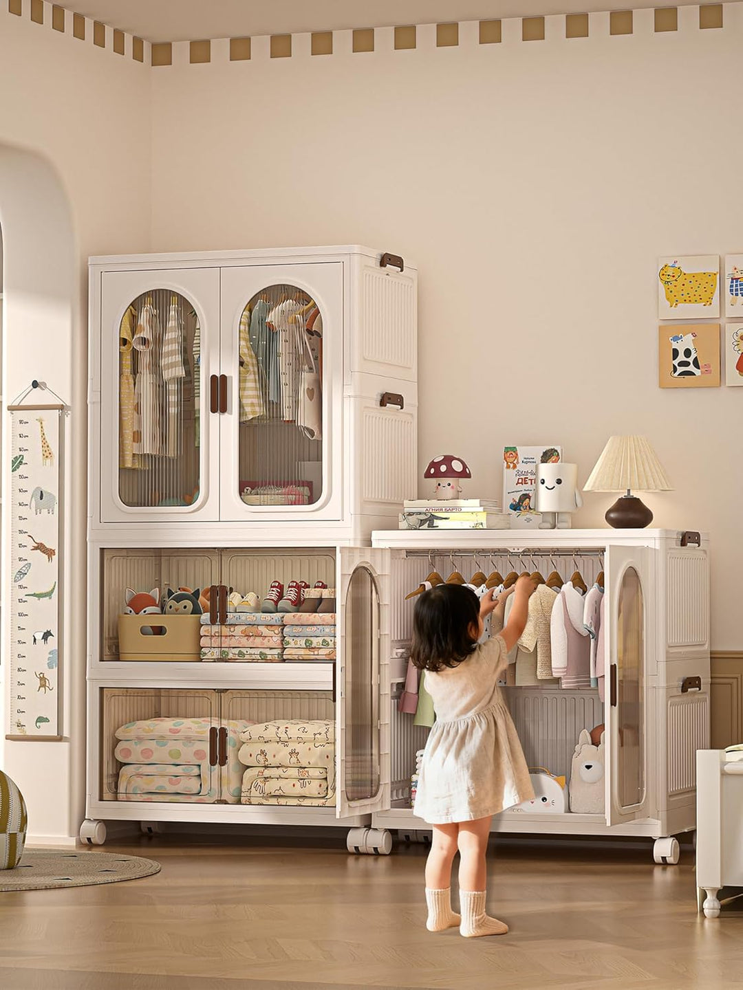 Faltbarer Kleiderschrank mit Rollen, 455L, 4 Ebenen Kunststoffschrank, Transparente Türen, Staubdich