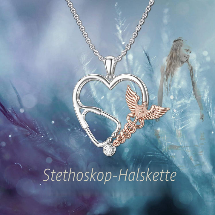 HARMONY BOLA Silber Hermesstab Engel Anhänger Stethoskop mit Zirkonia Herzform Halskette Schmuck Dan