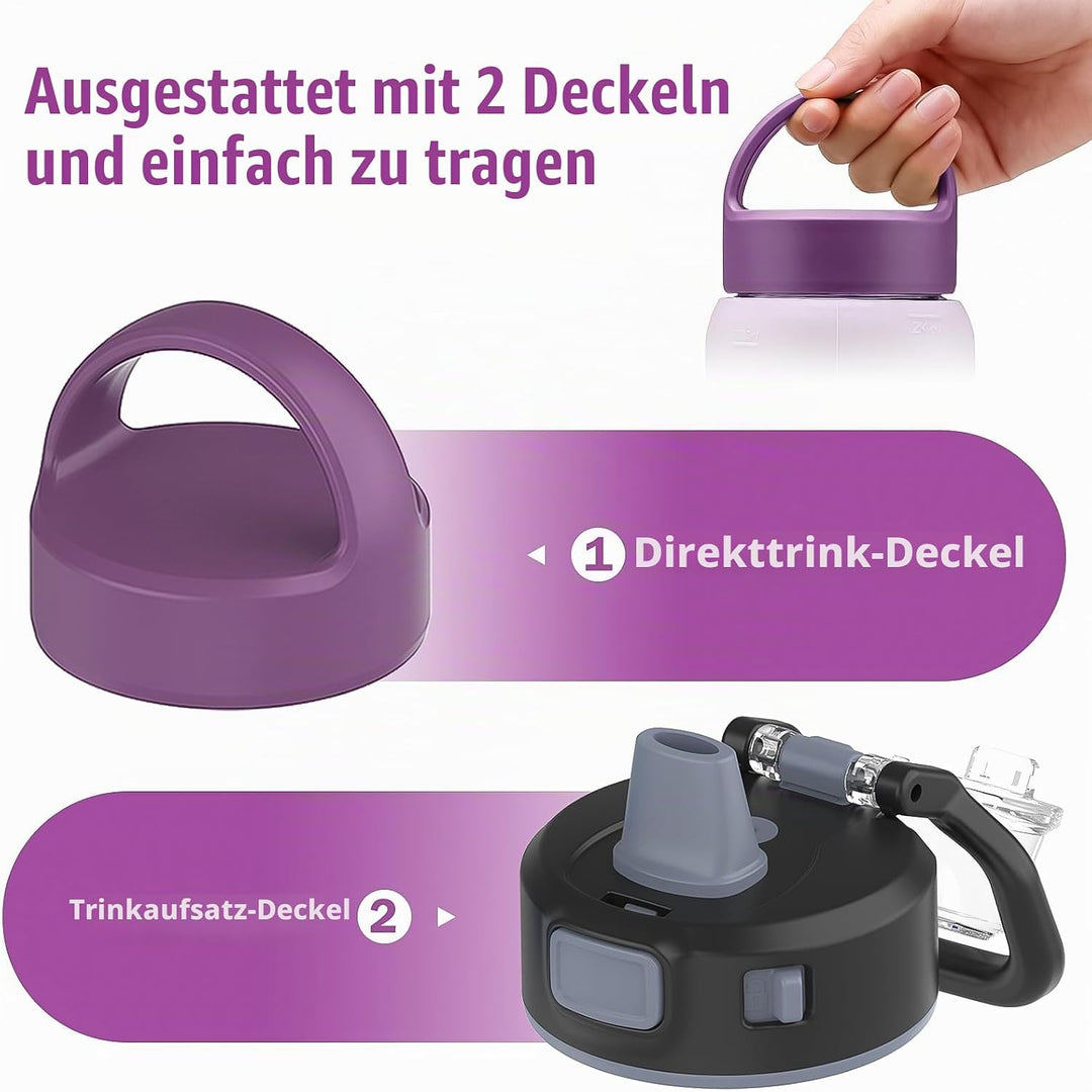 BLUEGO 600ml Glas Wasserflasche mit 2 Deckeln- One-Touch Verschlussdeckel und Griffdeckel Wiederverw
