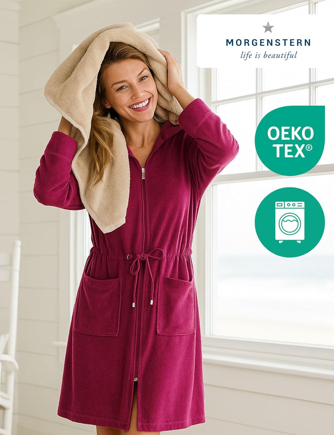 Morgenstern Bademantel Damen Reissverschluss Kapuze Frottee Leicht Kurz Emily S Beere, S Beere