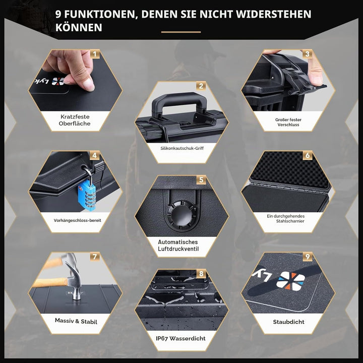 Lykus HC-3630 Wasserdicht Koffer mit anpassbar Rasterschaumstoff, Innengrösse 35,5x35,5x27 cm, Geeig
