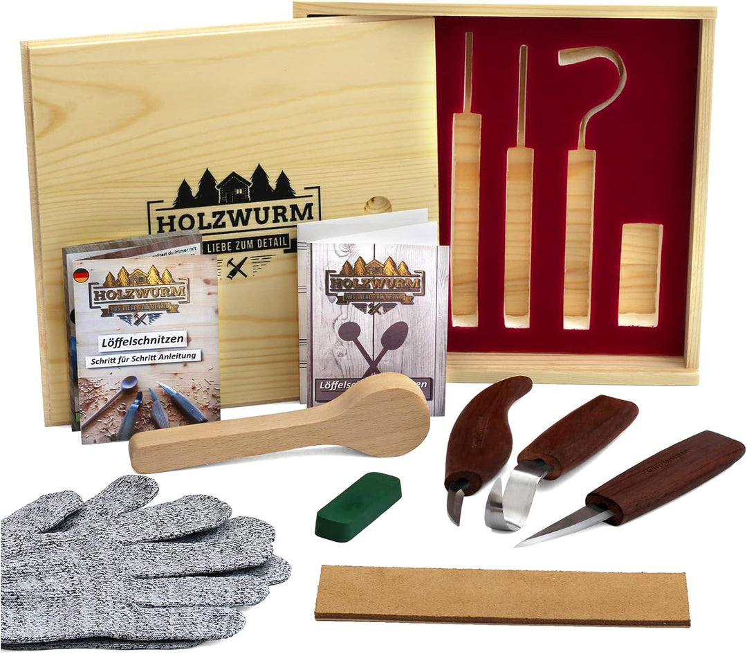HOLZWURM Schnitzmesser Set in Holzbox inkl Holzrohling, Anleitung & Schnittschutzhandschuhe - umfang
