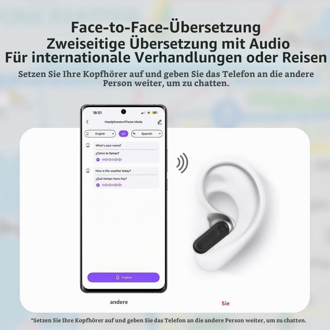 NE20 Übersetzer Kopfhörer, 3-in-1 Übersetzungskopfhörer 165 Sprachen mit App, 7 Übersetzungsmodi Ech