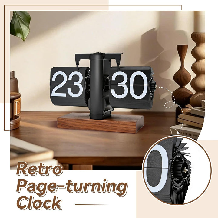 Tischuhr Vintage Retro Flip Uhr, Schwarz Retro-Flip-Down-Uhr Mit GrossEn Ziffern &amp; Holzunterlage, 24