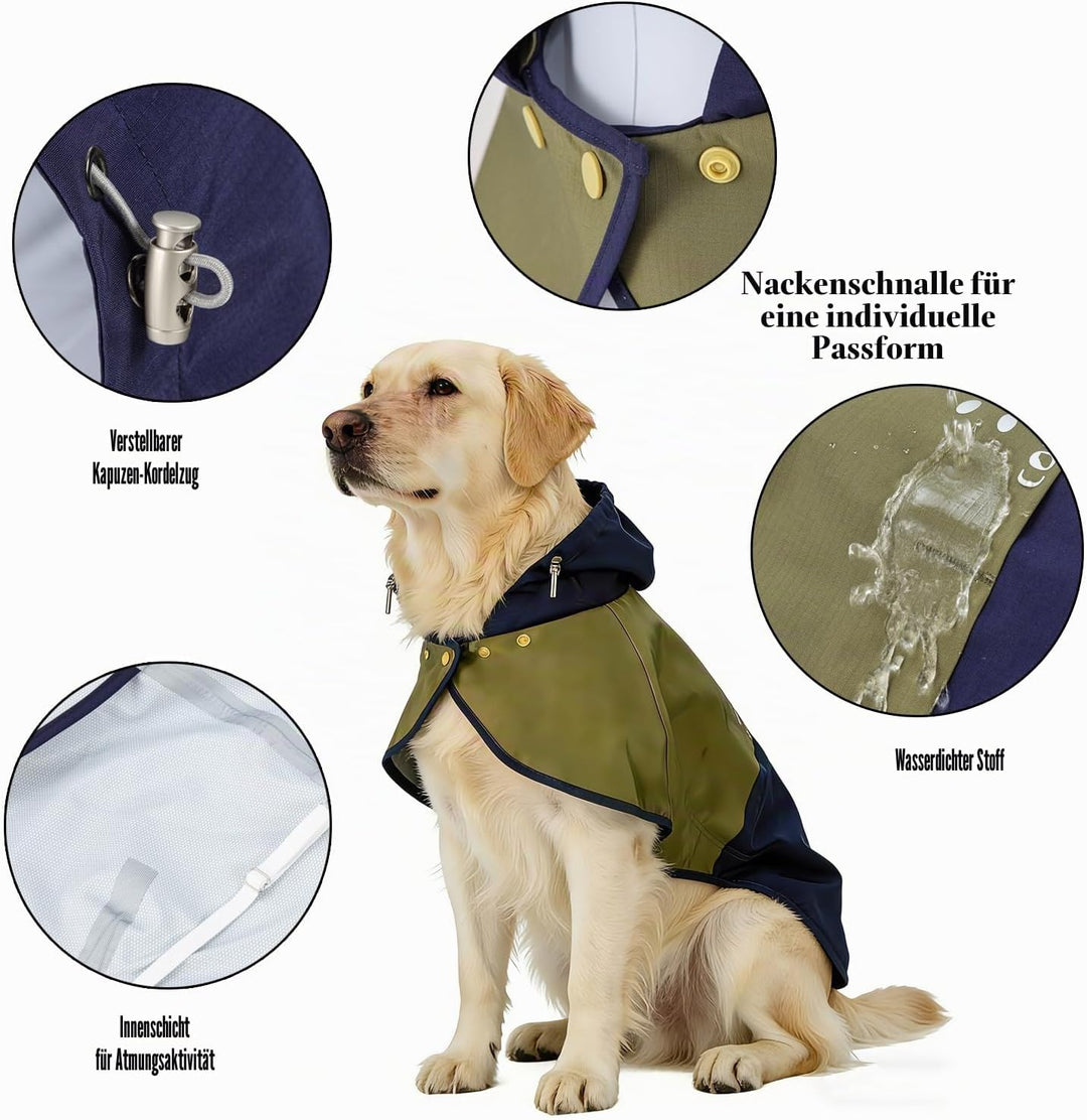 Regenmantel Hund, Regenjacke Hund wasserdicht mit Verstellbarer Kapuze &amp; elastischen Beinbändern – L