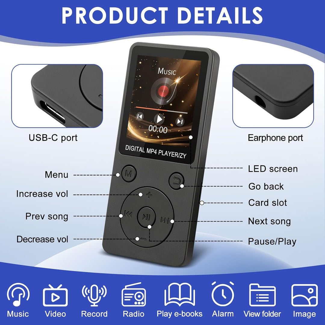 MP3 Player Bluetooth 5.0 32GB mit 1,8" TFT Farbdisplay, Kopfhörer | Bildschirm Musik Player HiFi mit