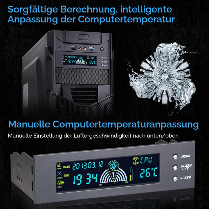 5,25 Zoll 3 Lüfter Drehzahlregler, Computer Lüfterdrehzahlregler, CPU/HDD/SYS Temperaturregelung LCD