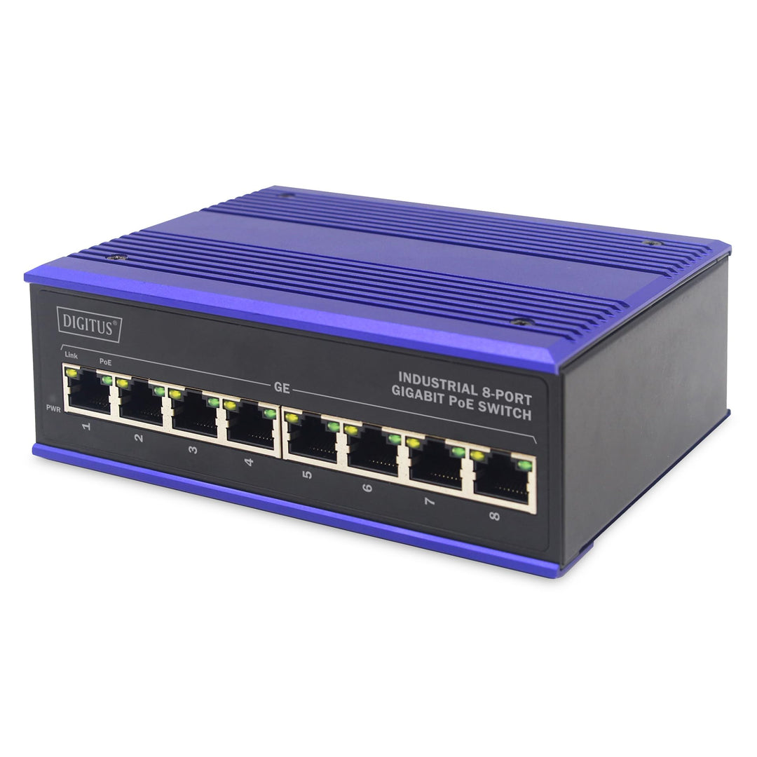 DIGITUS PoE Netzwerk-Switch - 8-Port Gigabit Ethernet - DIN-Rail Montage - Klemmleiste - Lüfterlos -