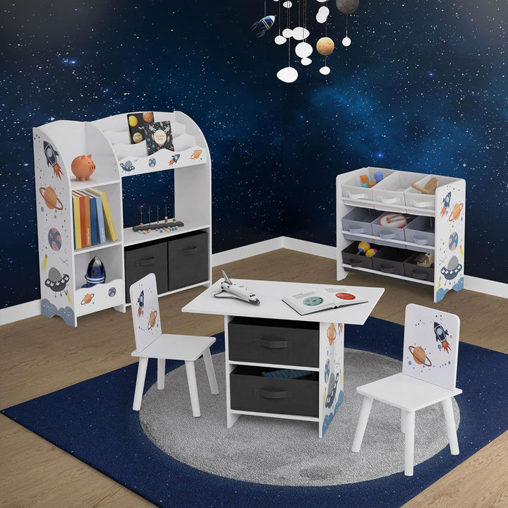 Joyz Kinderregal, Weltraum, 62,5x29,5x60 cm, Weiss, Spielzeugregal mit 9 Aufbewahrungsboxen aus Vlie