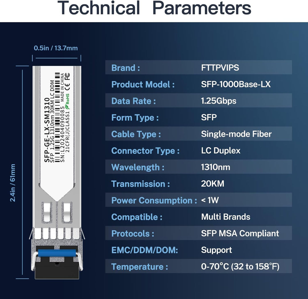 4er-Pack 1.25G SFP LC Modul 1000Base-LX Singlemode Transceiver (SMF, 1310nm, 20km, DDM) – Kompatibel