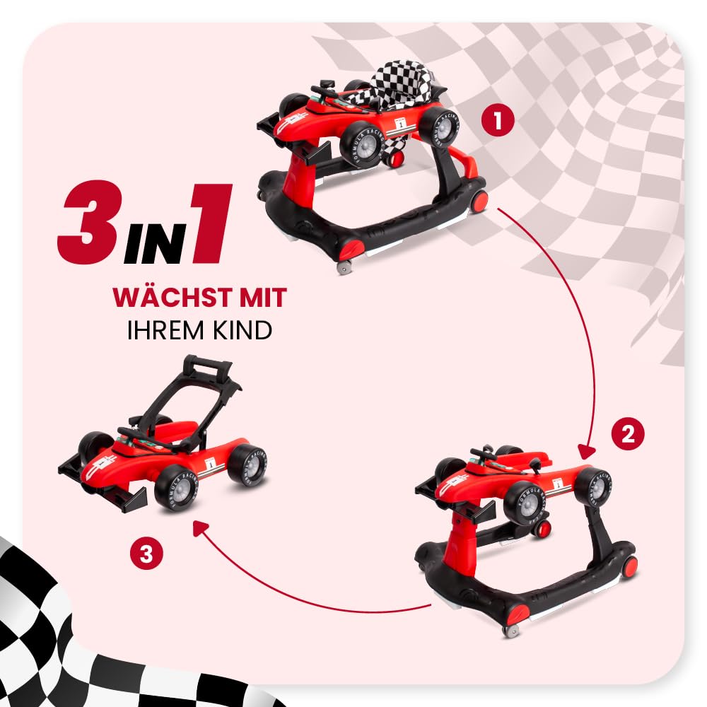 Sun Baby Lauflernhilfe Walker 3in1 mit höhenverstellbare Automotiv, Formula racing, interaktiv und f