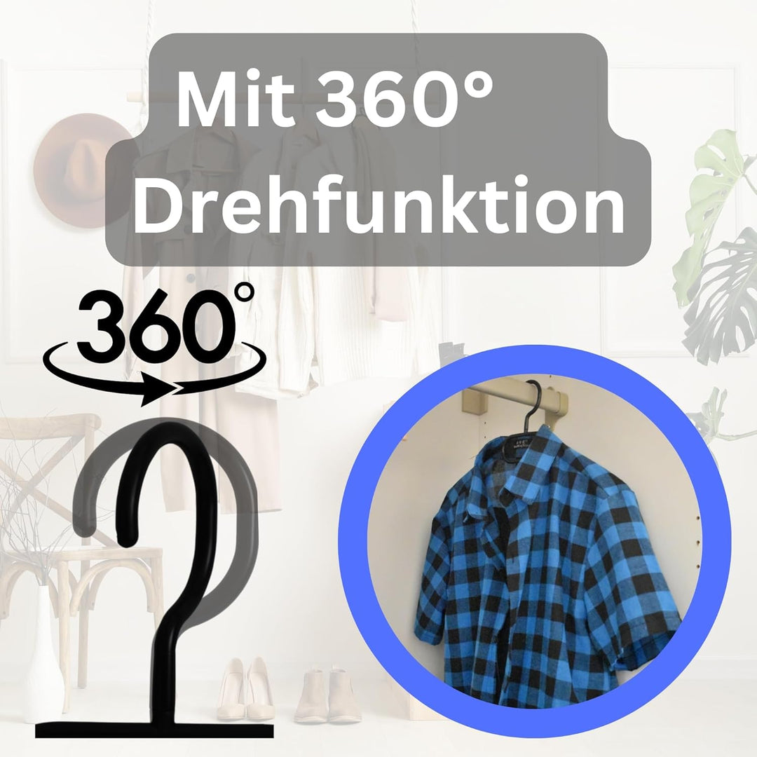 50 Kleiderbügel mit 360 Grad drehbaren Haken recycelter Kunststoff Bügel rutschfest in Schwarz, plat