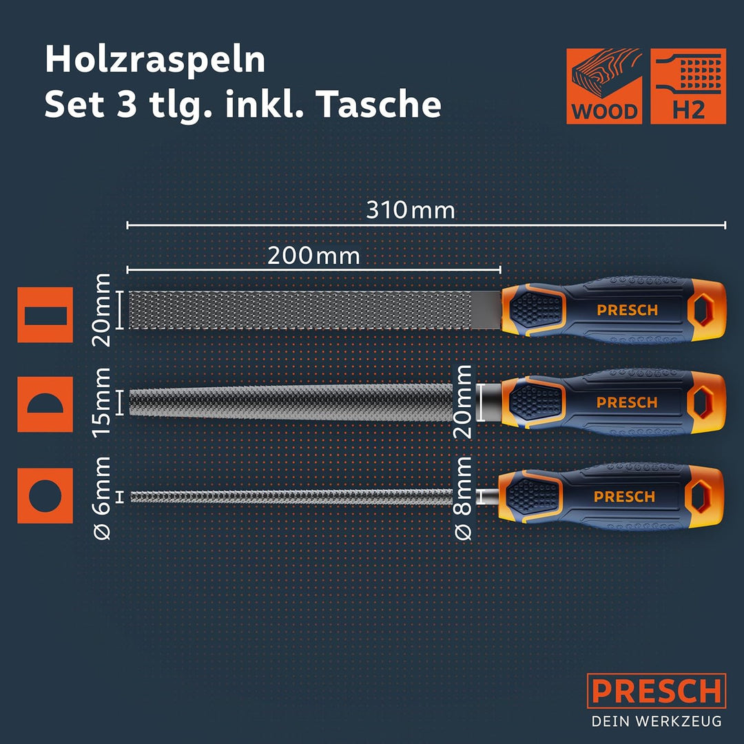 Presch Holzraspel Set 3tlg. inkl Rolltasche - Hochwertiges Holzfeilen Set inkl. Flachstumpfraspel, H