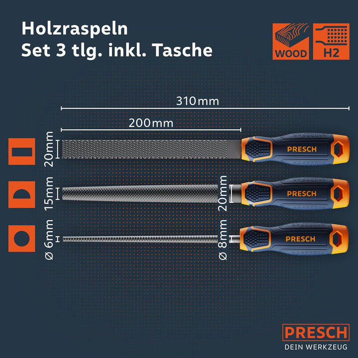Presch Holzraspel Set 3tlg. inkl Rolltasche - Hochwertiges Holzfeilen Set inkl. Flachstumpfraspel, H