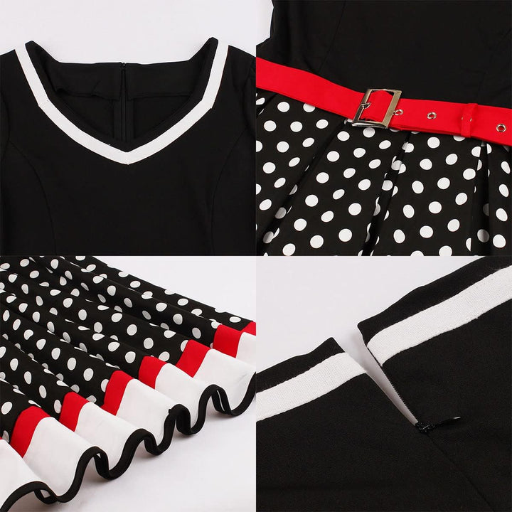 Odizli Rockabilly Kleider Damen 50er Jahre Vintage Kurzarm V-Ausschnitt Polka Dot Swing Coctailkleid