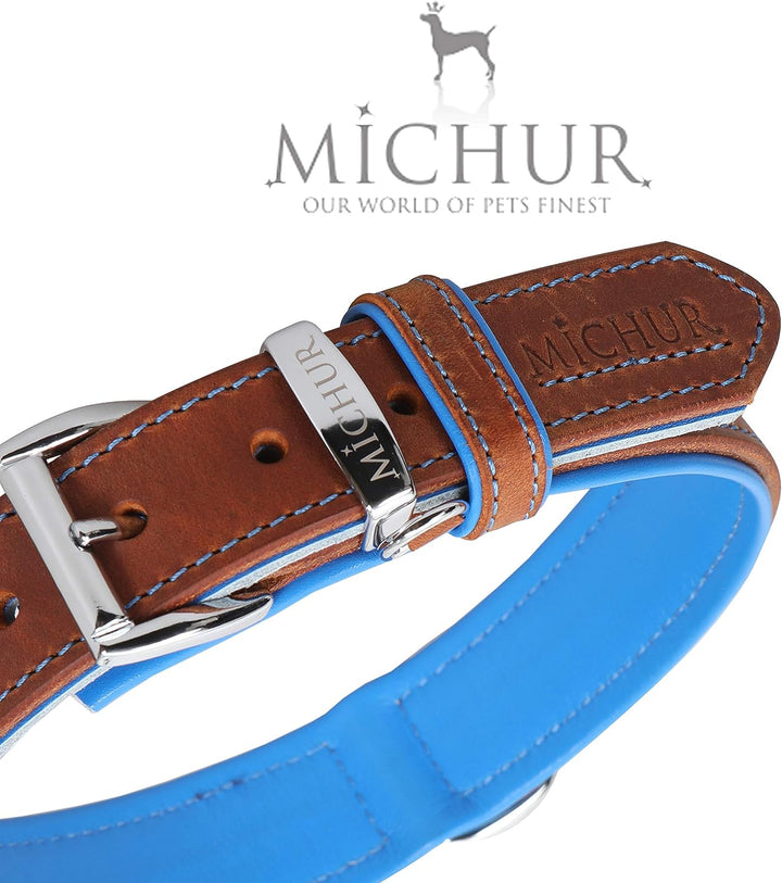 MICHUR Charly Hundehalsband Leder Braun Blau, Lederhalsband Hund, Halsband, Leder, in verschiedenen
