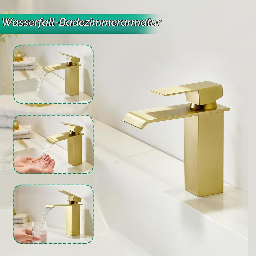 CREA Wasserhahn Bad Wasserfall, Waschtischarmatur mit Ablaufgarnitur, Mischbatterie Bad mit Auslauf