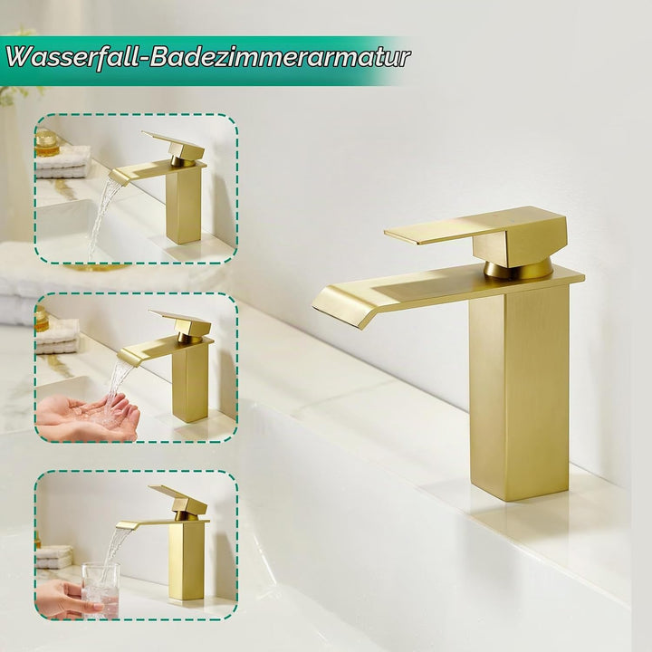 CREA Wasserhahn Bad Wasserfall, Waschtischarmatur mit Ablaufgarnitur, Mischbatterie Bad mit Auslauf