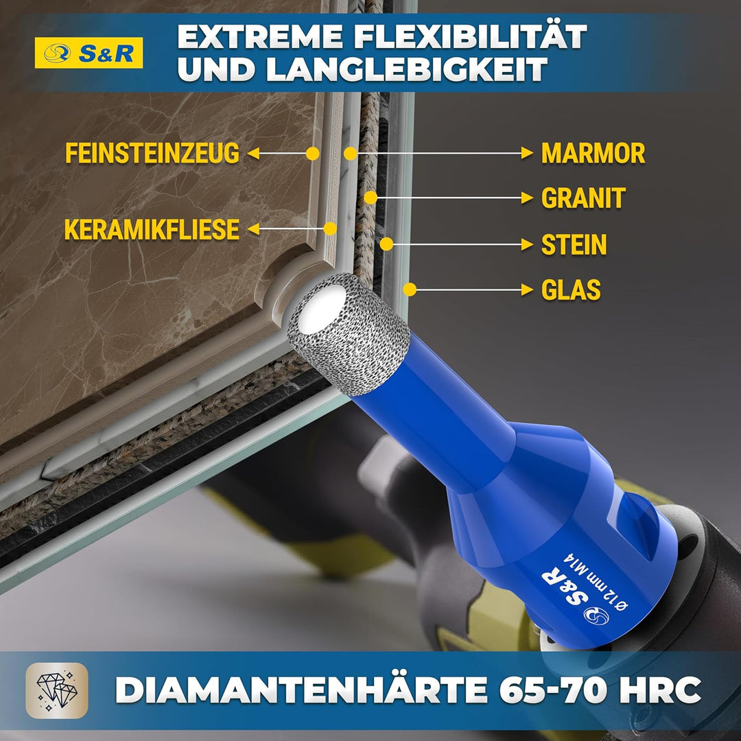 S&R Professional 2-tlg Diamantbohrer M14, Diamant Fliesenbohrer Set 12mm für Winkelschleifer, für Ha