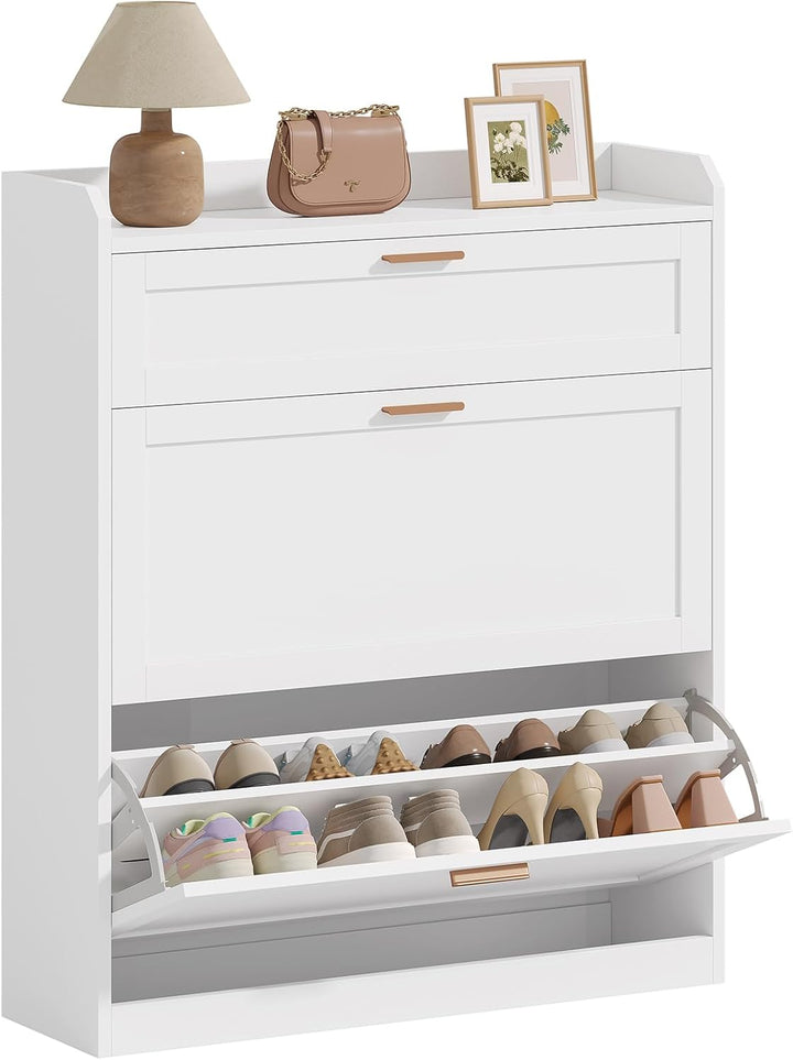 Schuhschrank mit 2 Klappen, Schublade, Schuhkipper Schmal, Trennwand Verstellbar, für 12-16 Paar Sch
