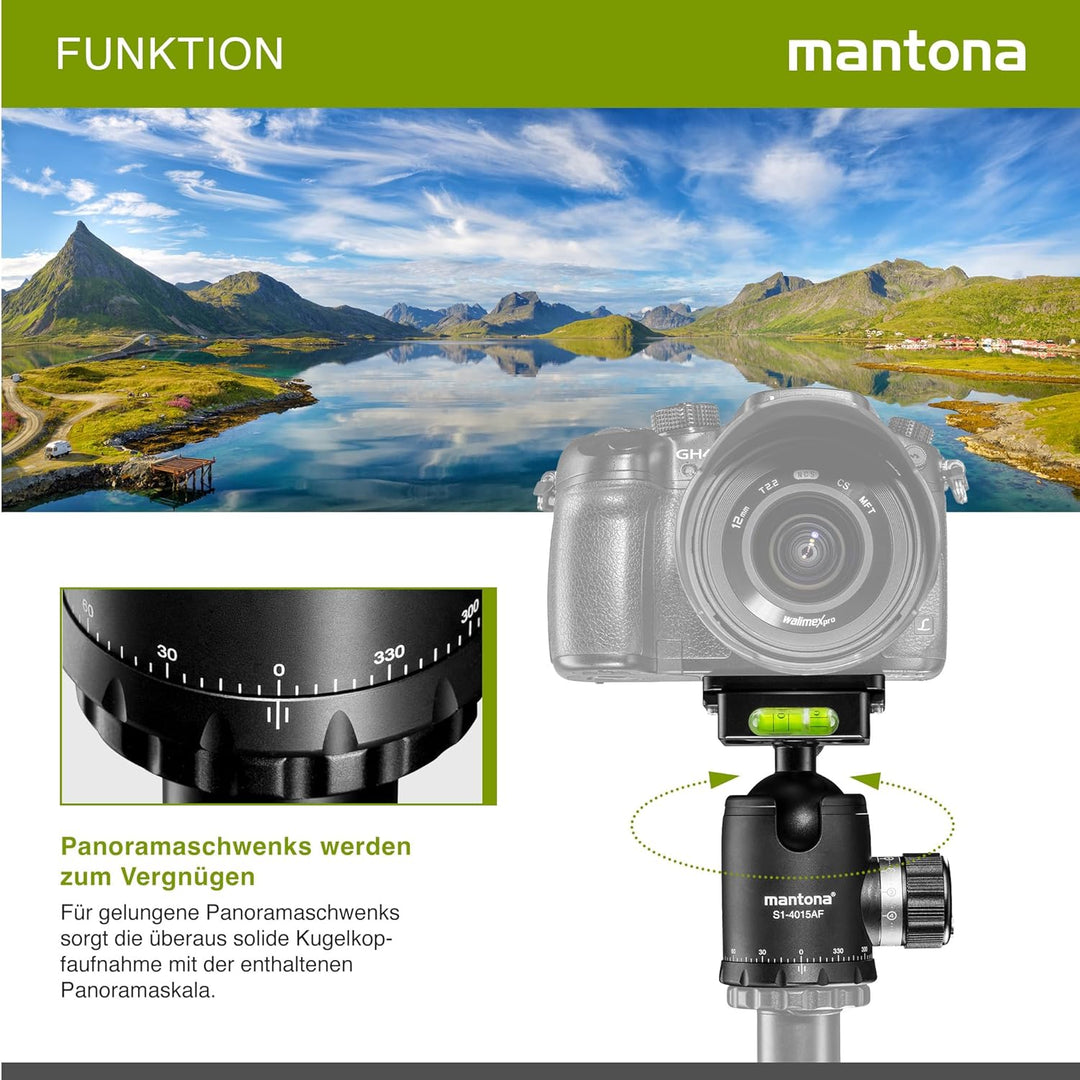 mantona Fortress Kugelkopf mit 40 mm Kugel I 360° Panorama-Funktion & 3 Wasserwaagen I mit Arca Swis
