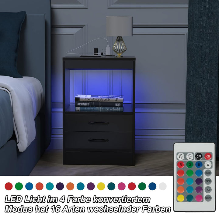 PIPIPOXER Nachttisch mit LED Beleuchtung, Beistelltisch in Schwarz mit Steckdose und Anschlüsse,Nach