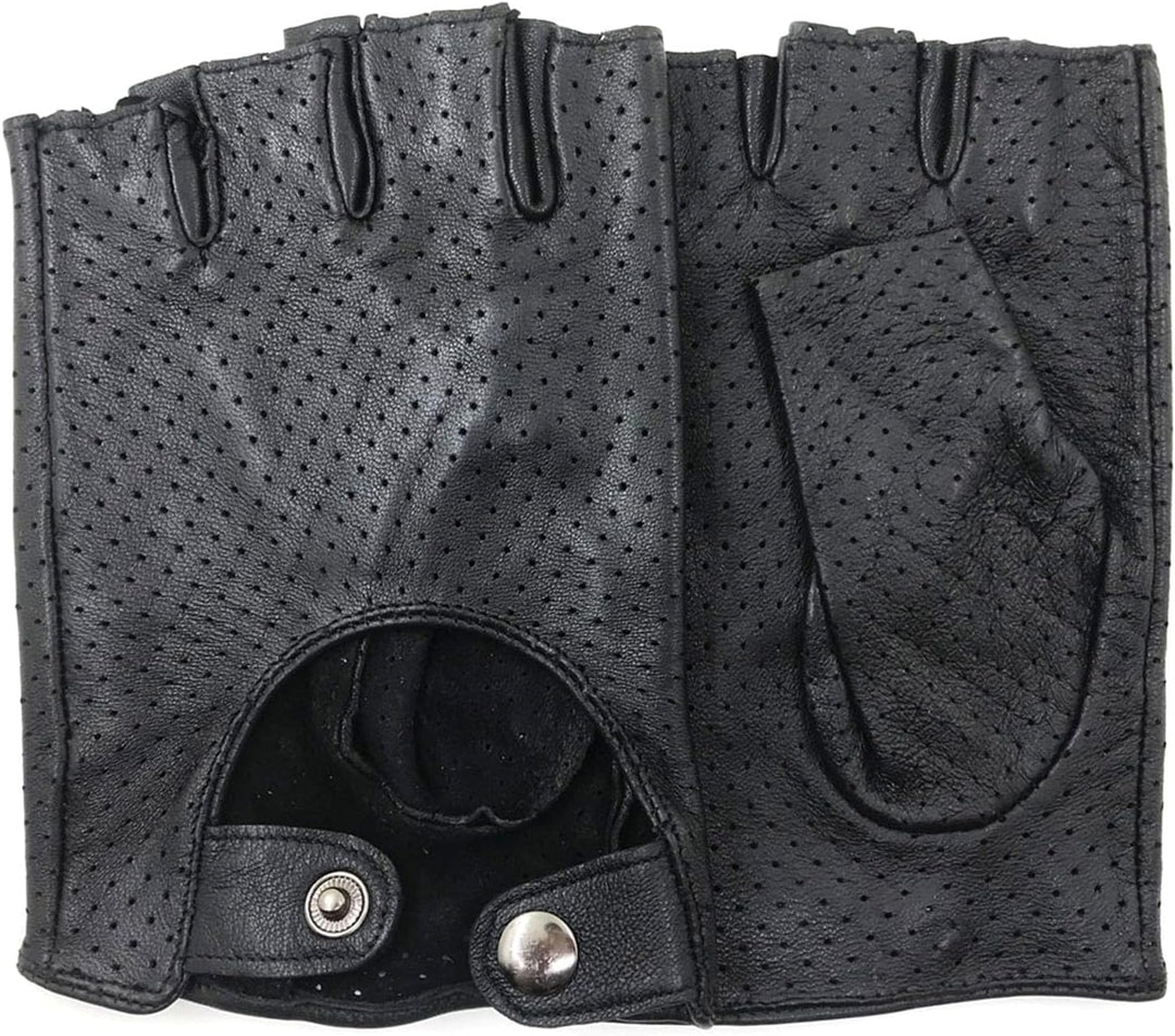 ZLUXURQ Herren-Lederhandschuhe Vollmaschige Fingerlose Halbfinger-Fahrhandschuhe, Large-9.5" Schwarz