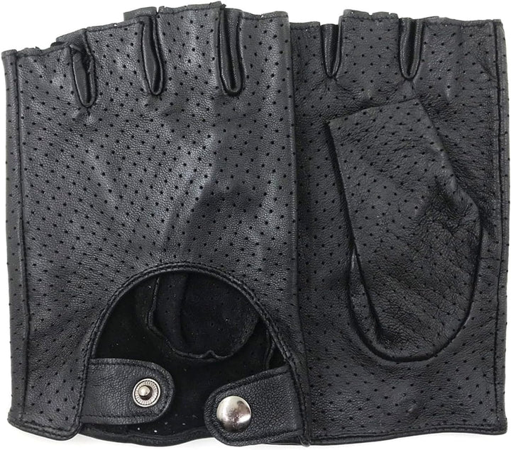 ZLUXURQ Herren-Lederhandschuhe Vollmaschige Fingerlose Halbfinger-Fahrhandschuhe, Large-9.5" Schwarz