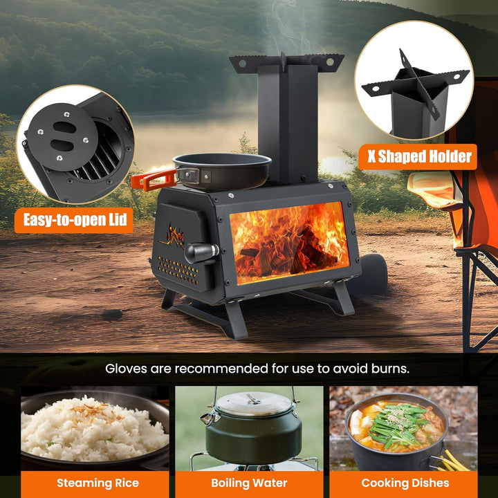KOMFOTTEU Holzofen mit Sichtfenster, Raketenofen tragbar mit 2 Kochflächen, Zeltofen mit Aschepfanne