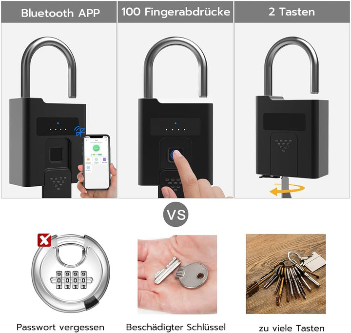 Vorhängeschloss mit Schlüssel eLinkSmart Fingerabdruck Vorhängeschloss wasserdicht stossfest mit App