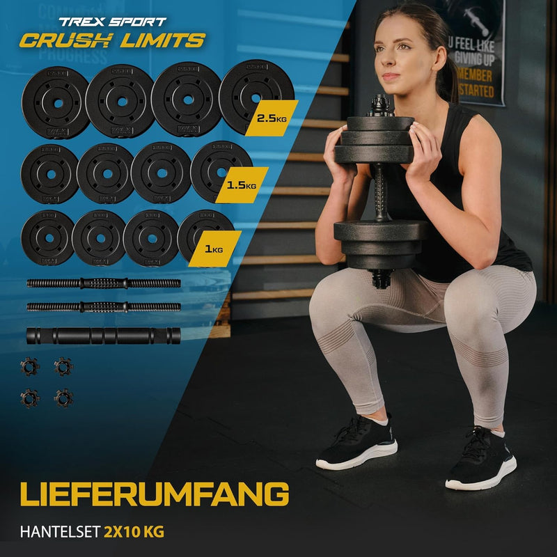 TREX SPORT 2er Set Hanteln & Hanteln 20 kg, 40 kg, Kurzhantelset mit Verbindungsrohr Schwarz, Schwar