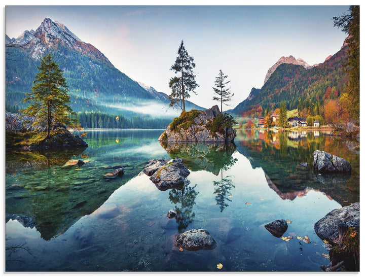 Glasbilder Wandbild Glas Bild einteilig 80x60 cm Querformat Landschaft Alpen Berge See Wald Natur Ge