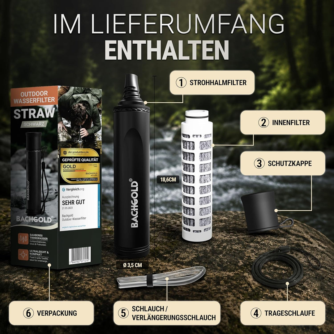 Bachgold Straw Wasserfilter Outdoor Survival – Ultraleichte Prepper Ausrüstung Liefert bis zu 500L F