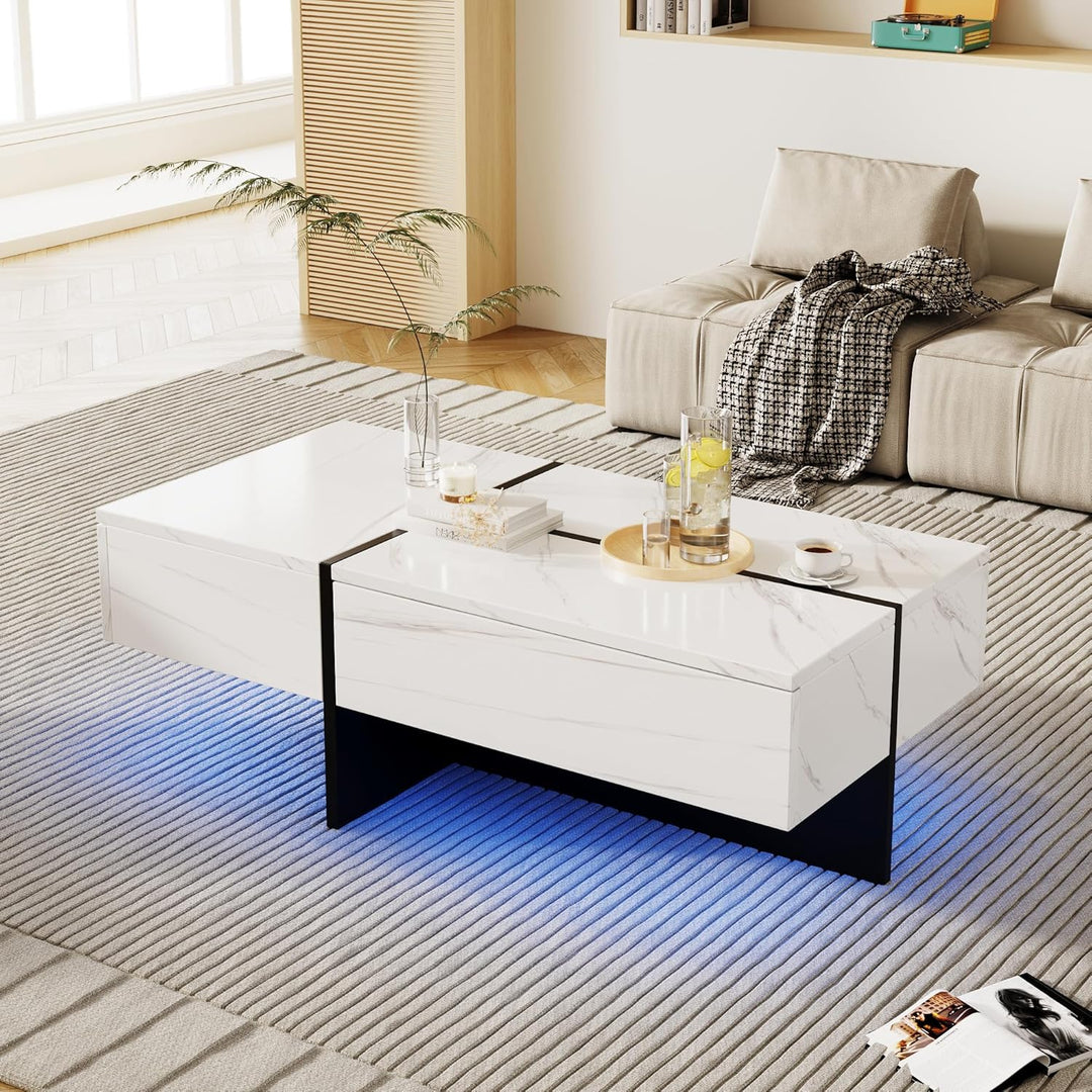 Merax Moderner LED Couchtisch, Wohnzimmertisch mit 3 Schubladen, Hochglänzender Couchtisch, Struktur