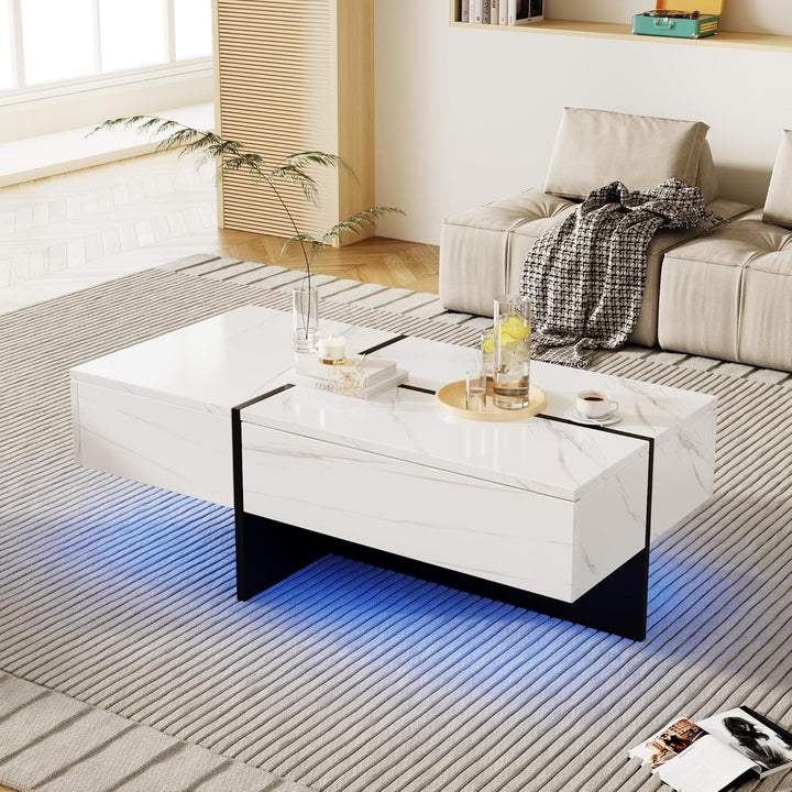 Merax Moderner LED Couchtisch, Wohnzimmertisch mit 3 Schubladen, Hochglänzender Couchtisch, Struktur