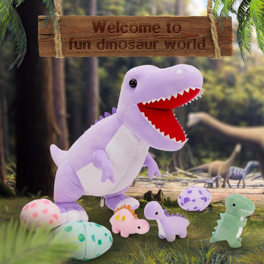 MorisMos 60cm hoch riesen Dino Kuscheltier XXL Lila mit 3 Baby im Bauch, gross Dinosaurier Plüschtie