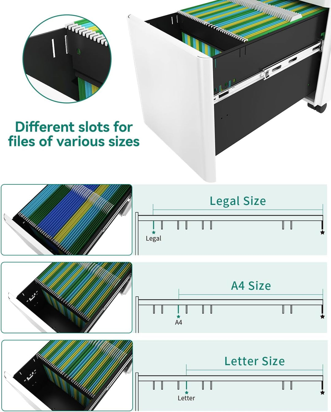 YITAHOME Rollcontainer mit 3 Schubladen, Metall Abschliessbar Aktenschrank für A4, Legal, Letter, Mo