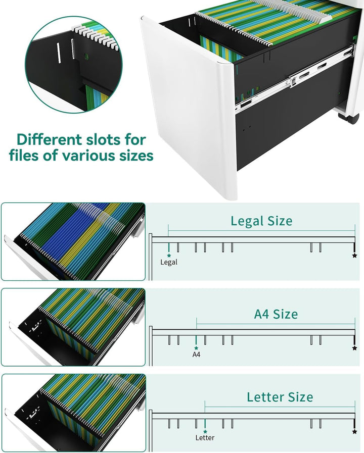 YITAHOME Rollcontainer mit 3 Schubladen, Metall Abschliessbar Aktenschrank für A4, Legal, Letter, Mo