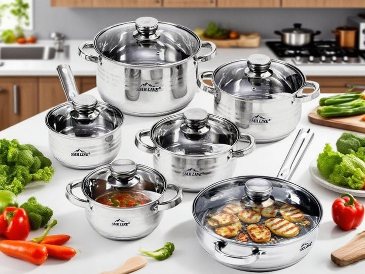 SMHLINE® 12-tlg Topfset Töpfe Set induktionsgeeignet Kochtopf Set Pfannen Edelstahl Kochgeschirr Pfa
