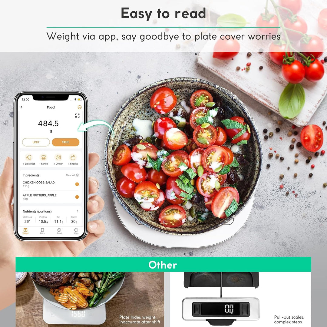 arboleaf Küchenwaage digital mit app 10kg/0,5g, Kalorien Waage USB aufladbar Lebensmittelwaage mit K
