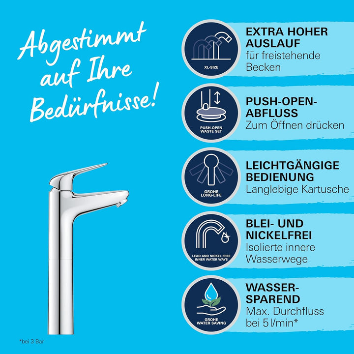 GROHE Swift, Waschtischarmatur hoch, wassersparend (Wasserhahn für das Bad, Badarmatur mit Pop-Up Ab