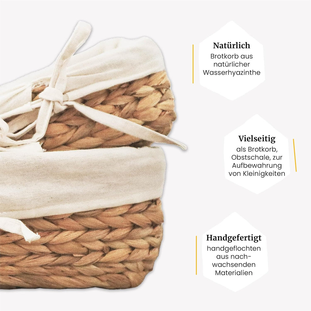 FRIHET eckige Brotkörbchen aus Wasserhyazinthe | Rustikaler Brotkorb | Brötchenkorb mit Stoff | Bröt