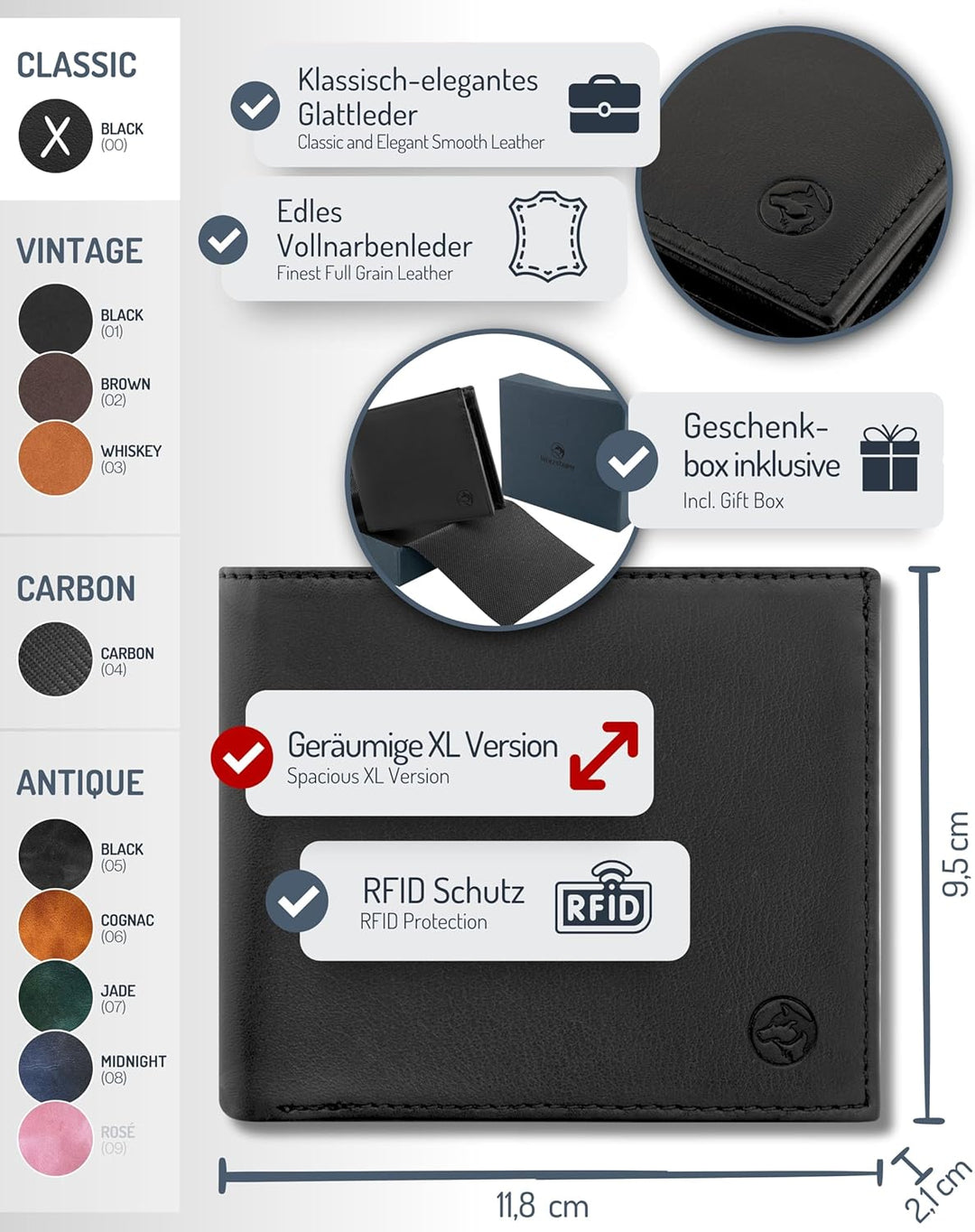 Wolfstrøm Geldbörse Herren Leder 'Nørge XL' – Tri-Fold Herren-Portemonnaie RFID-Blocker – 8 Karten-F