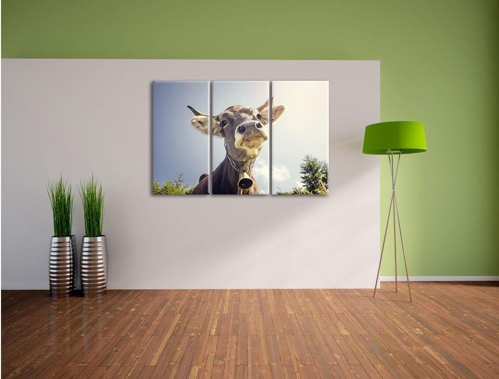 Pixxprint Lustiges Portrait Einer Kuh als Leinwandbild | Grösse: 3 Teilig (120x80) | Wandbild| Kunst