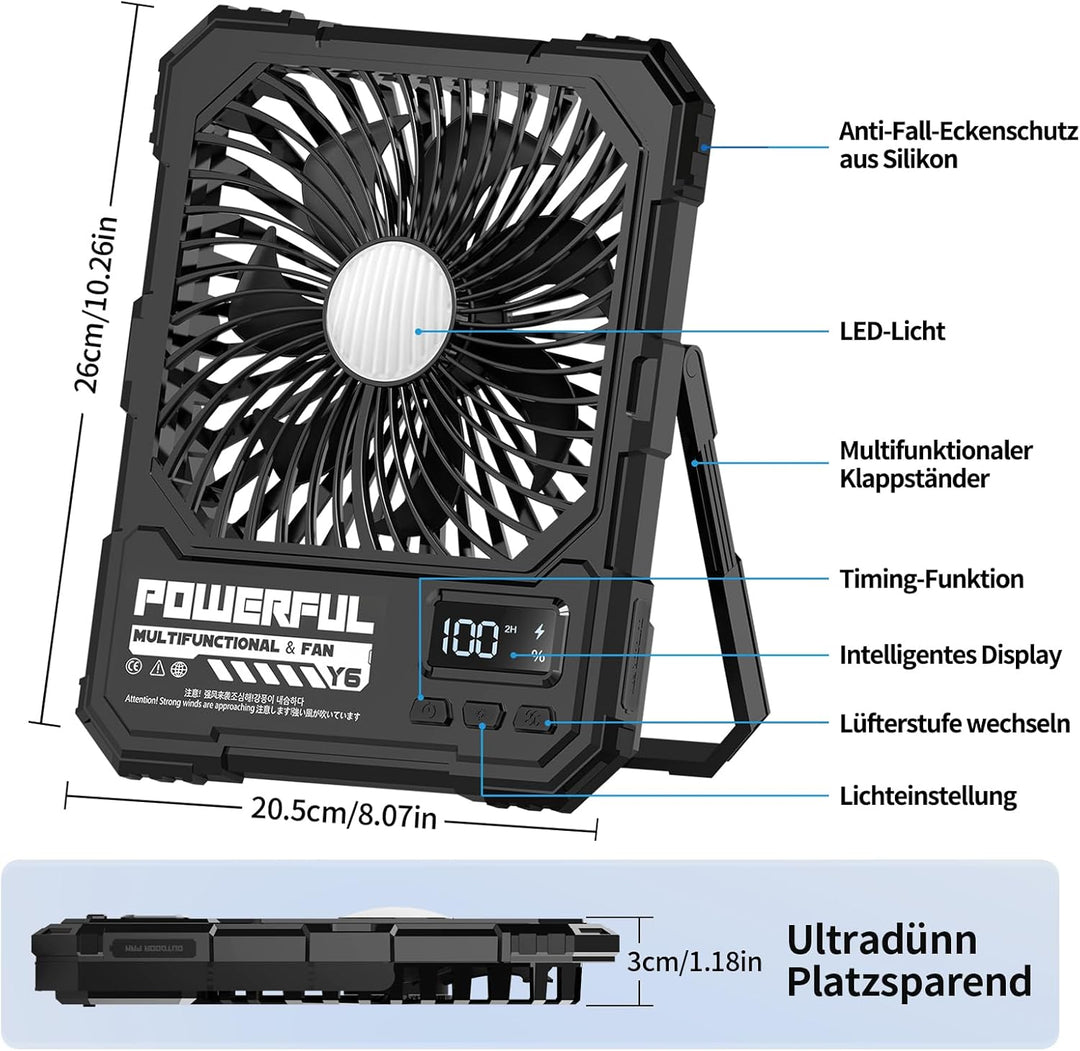yAyusi 20000mAh Akku Camping Ventilator mit Lampe,Tragbarer Reise Ventilator mit Fernbedienung Timer
